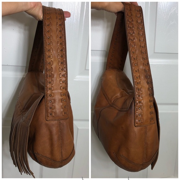 Gianni Bini Brown Leather Vintage Studded Hobo Magnetic Closure Fringe Bag Purse - Picture 2 of 16